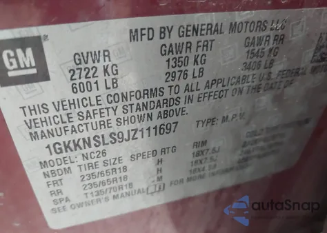 2018 GMC Acadia Sle-2 from USA, damaged, VIN 1GKKNSLS9JZ111697